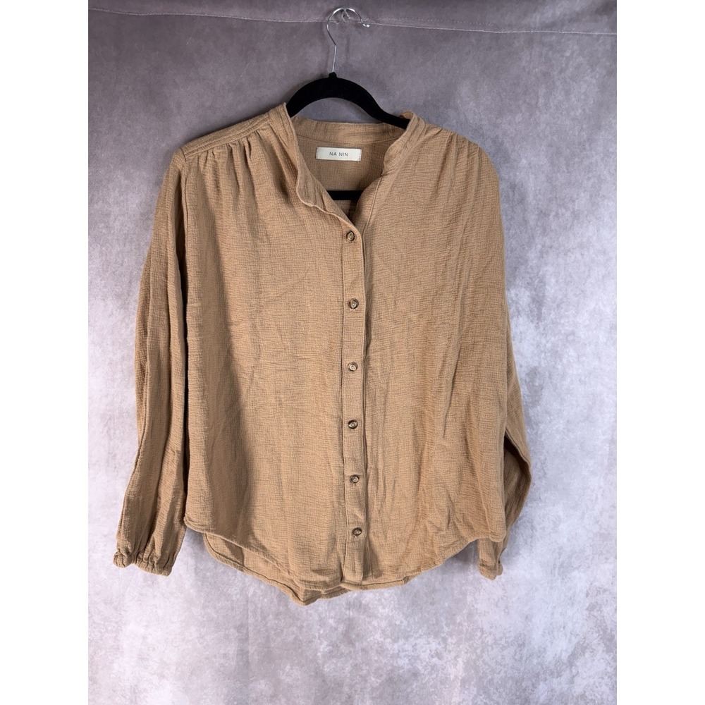NA NIN Mock Neck Woven Cotton Button Down Blouse In Tan Women's Sz 1